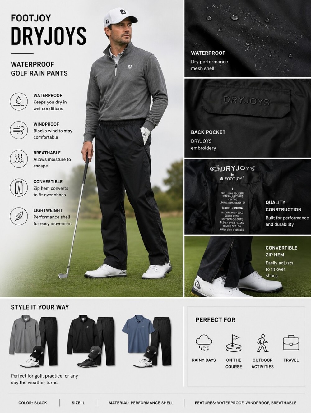 FootJoy DryJoys Waterproof Golf Rain Pants Convertible Zip Hem Performance Shell
